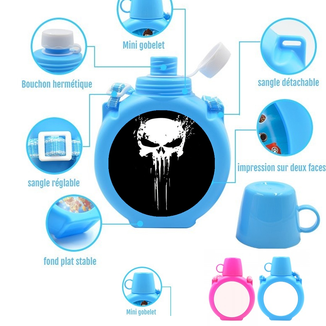  Punisher Skull para Botella infantil resistente a los golpes 730 ml en azul o rosa