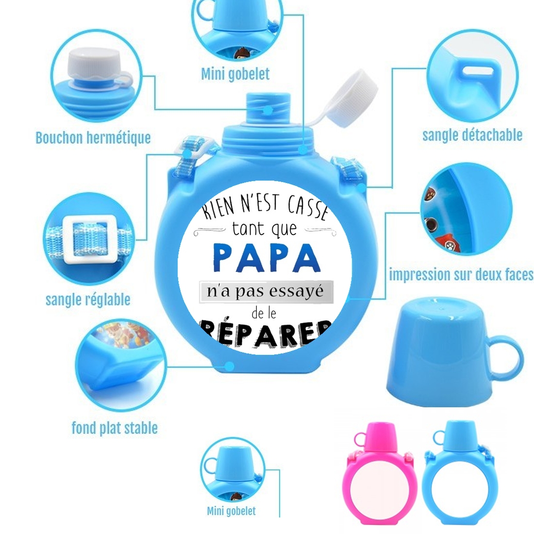  Rien n'est cassé tant que papa n'a pas essayé de réparer para Botella infantil resistente a los golpes 730 ml en azul o rosa