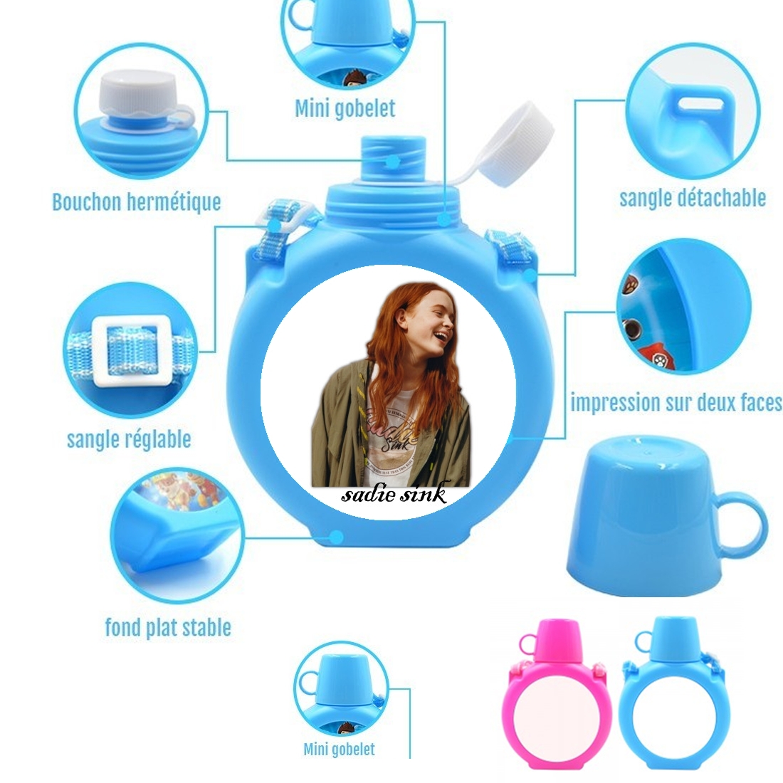  Sadie Sink collage para Botella infantil resistente a los golpes 730 ml en azul o rosa