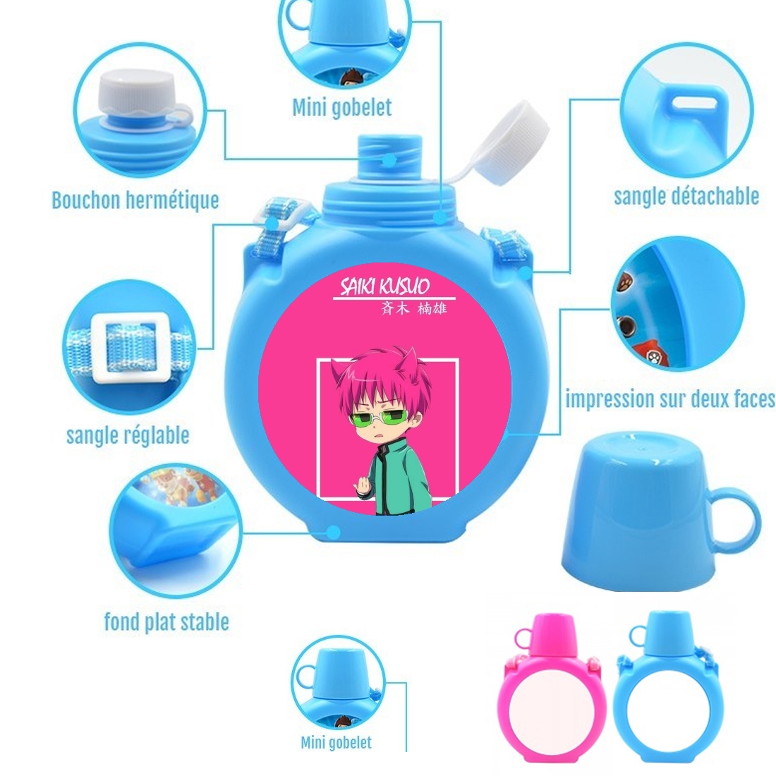  Saiki Kusuo para Botella infantil resistente a los golpes 730 ml en azul o rosa