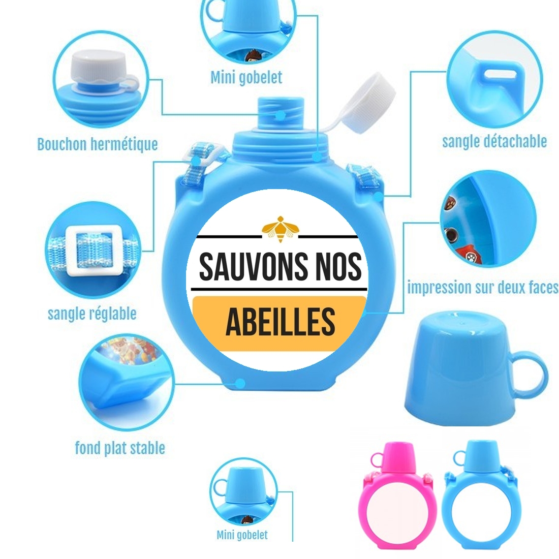  Sauvons nos abeilles para Botella infantil resistente a los golpes 730 ml en azul o rosa