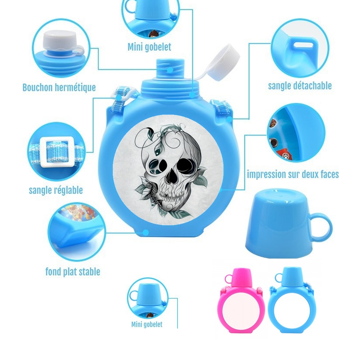  Skull Boho  para Botella infantil resistente a los golpes 730 ml en azul o rosa