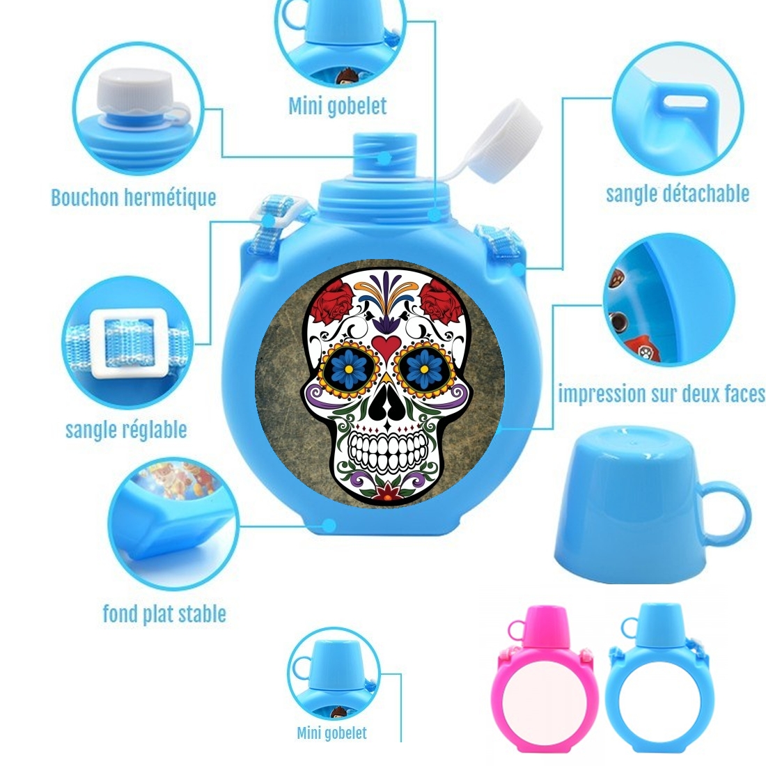  Skull para Botella infantil resistente a los golpes 730 ml en azul o rosa