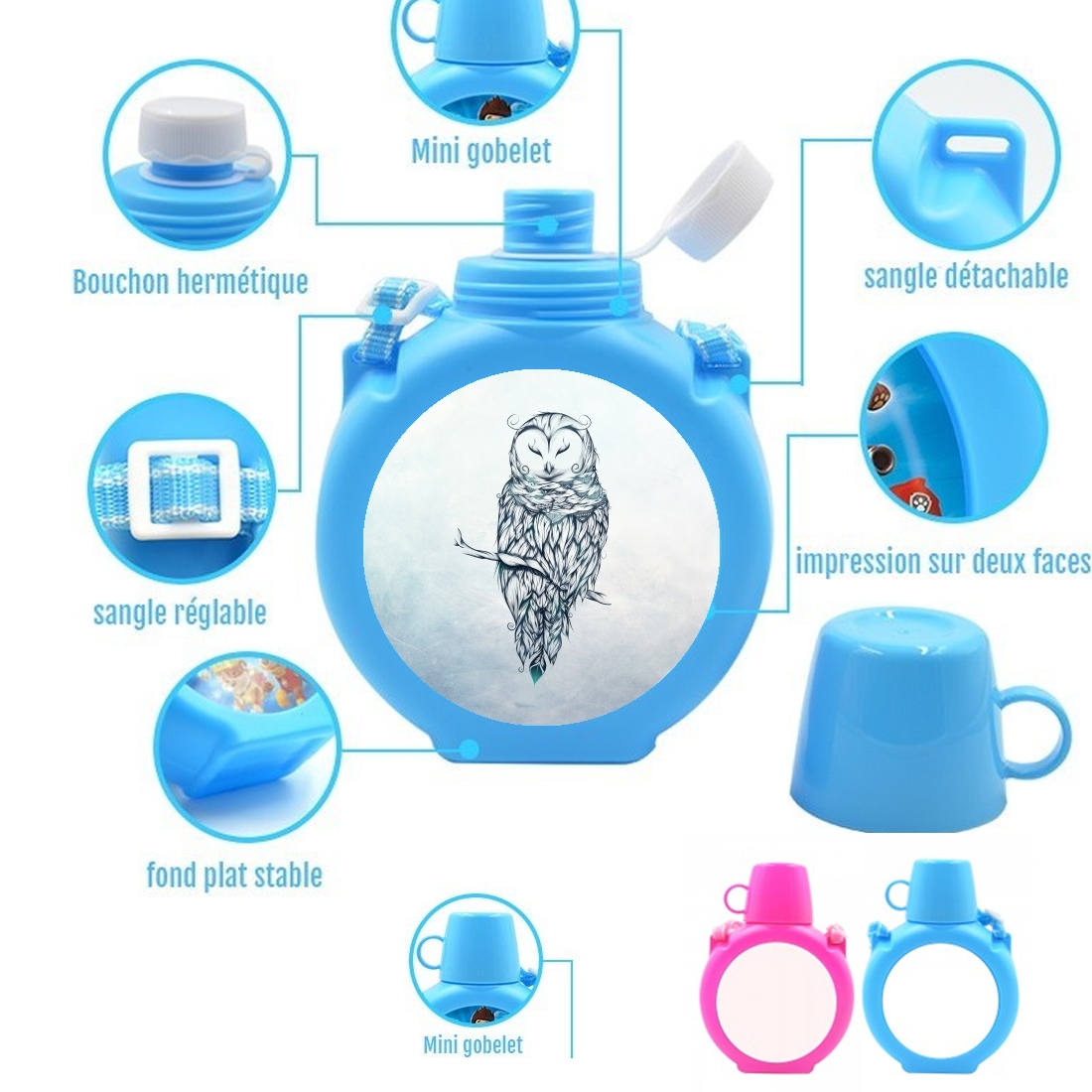  Snow Owl para Botella infantil resistente a los golpes 730 ml en azul o rosa