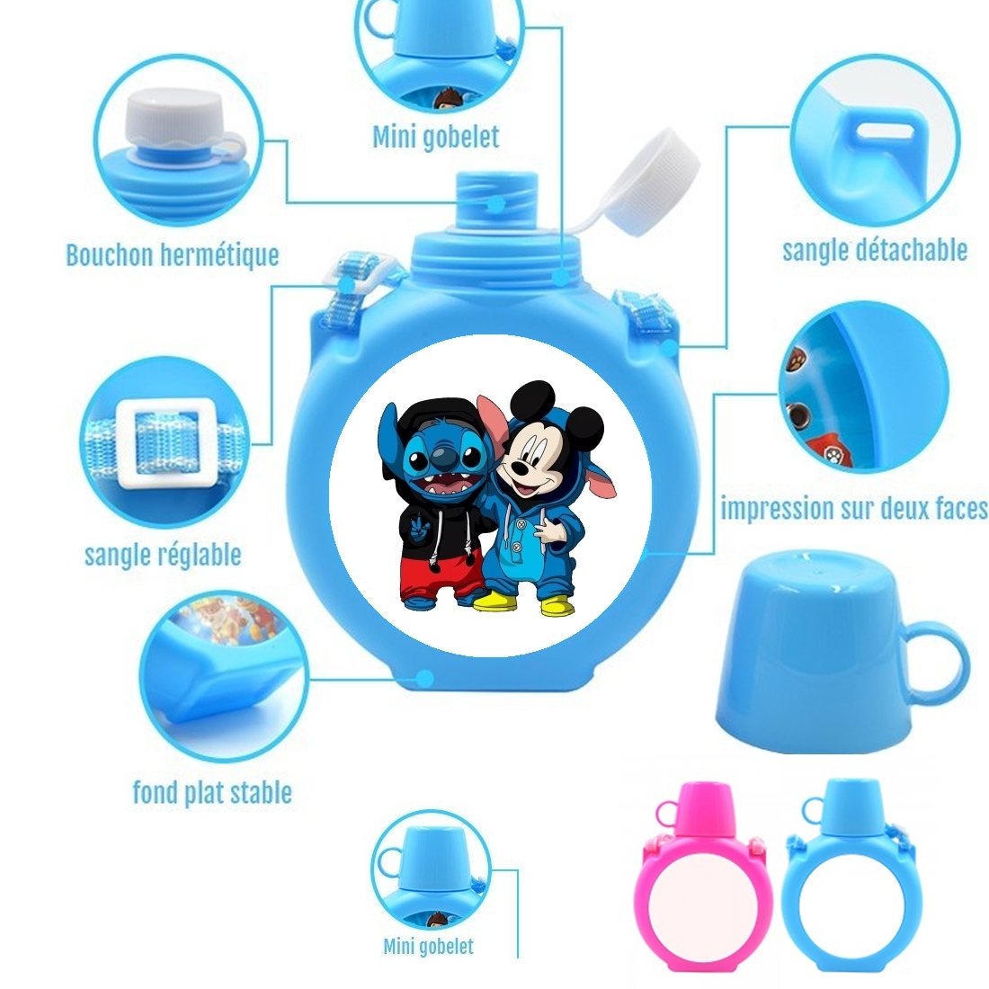  Stitch x The mouse para Botella infantil resistente a los golpes 730 ml en azul o rosa