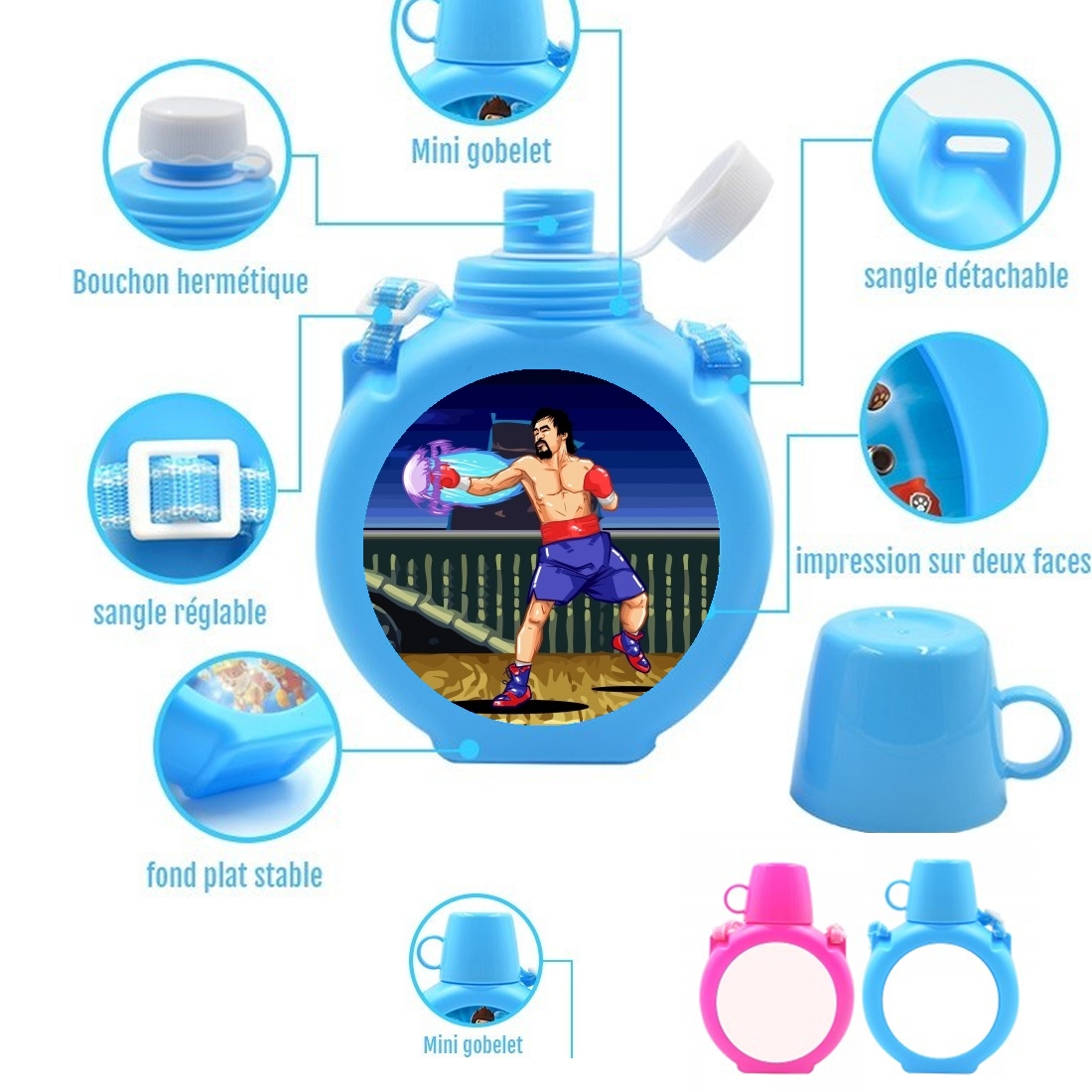  Street Pacman Fighter Pacquiao para Botella infantil resistente a los golpes 730 ml en azul o rosa