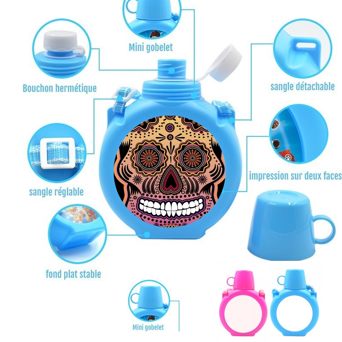  sugar skull , multicolor para Botella infantil resistente a los golpes 730 ml en azul o rosa