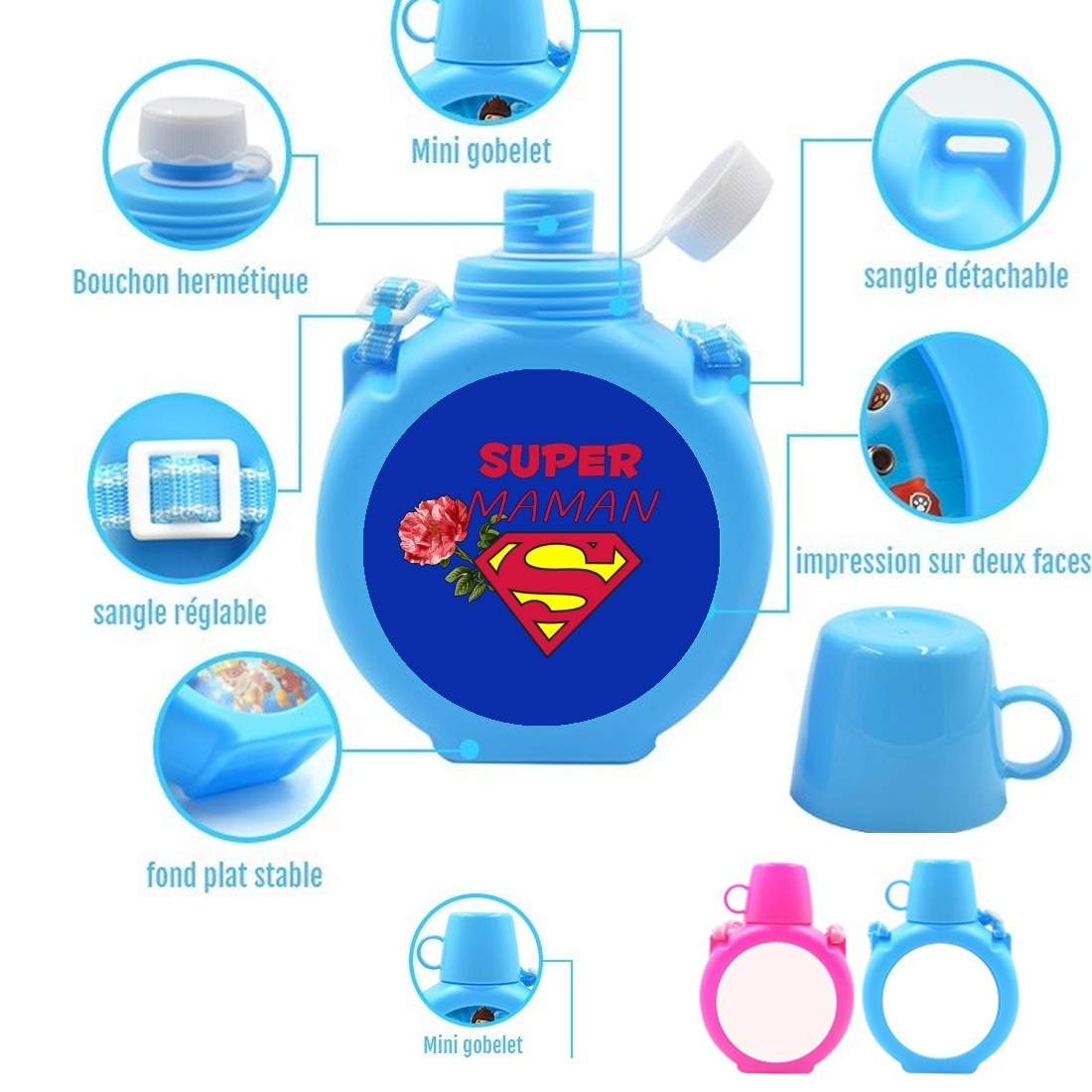  Super Maman para Botella infantil resistente a los golpes 730 ml en azul o rosa