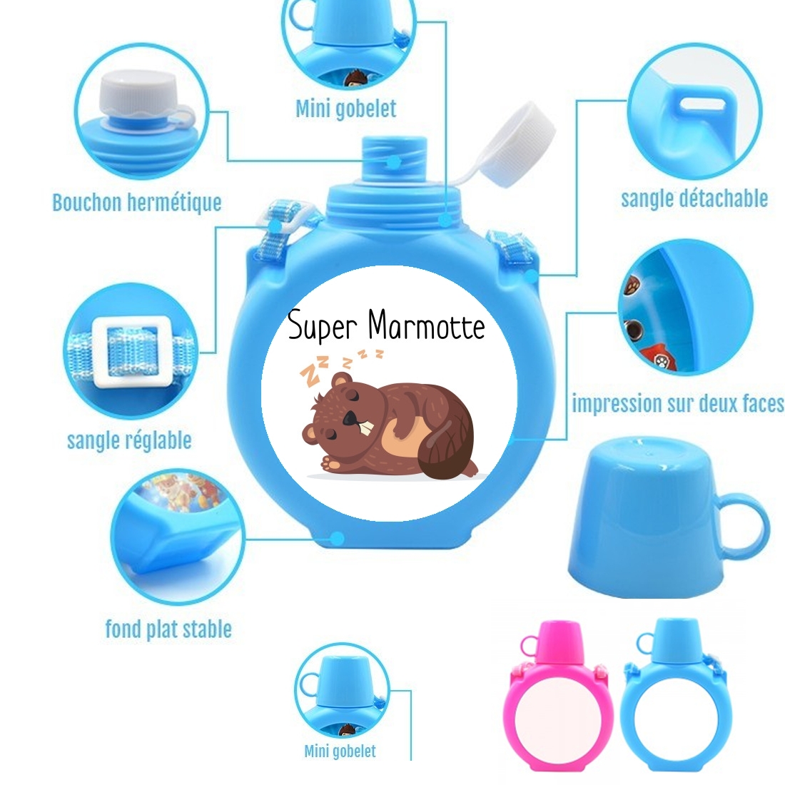  Super marmotte para Botella infantil resistente a los golpes 730 ml en azul o rosa