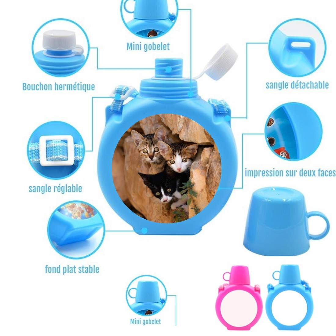  Three cute kittens in a wall hole para Botella infantil resistente a los golpes 730 ml en azul o rosa