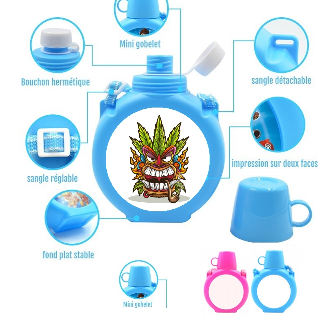  Tiki mask cannabis weed smoking para Botella infantil resistente a los golpes 730 ml en azul o rosa