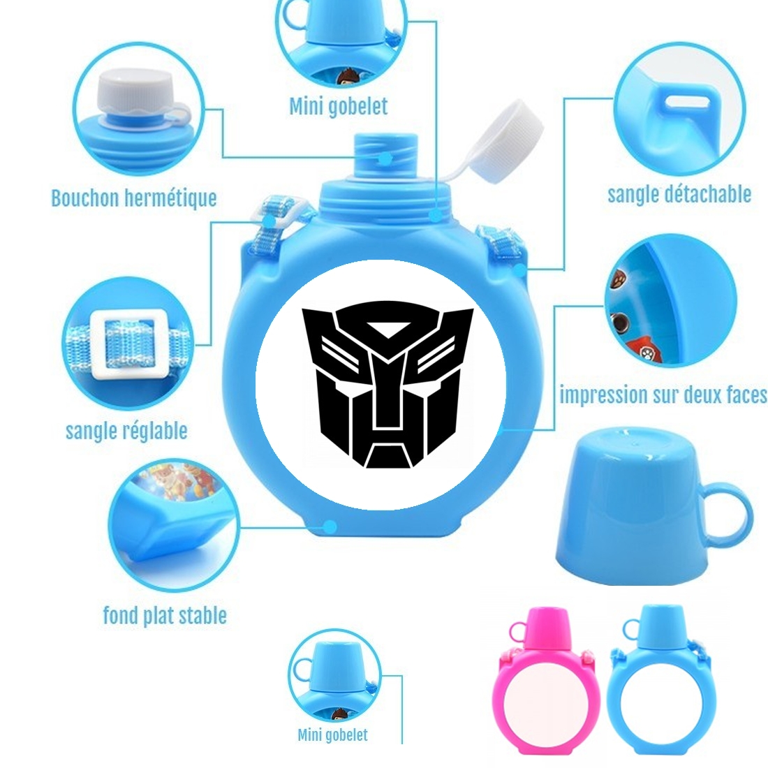  Transformers para Botella infantil resistente a los golpes 730 ml en azul o rosa