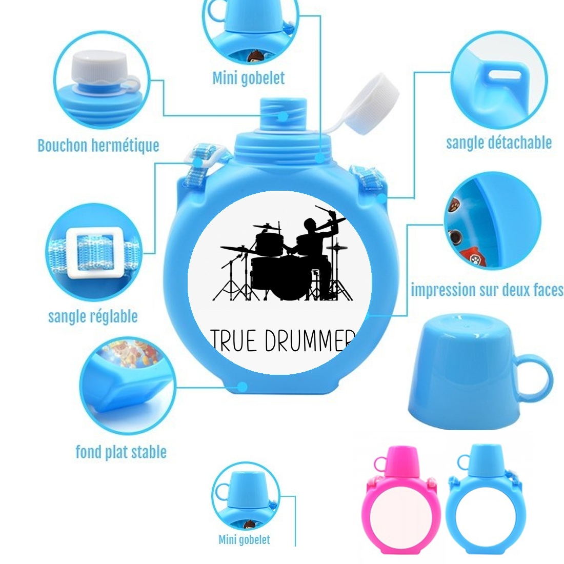  True Drummer para Botella infantil resistente a los golpes 730 ml en azul o rosa