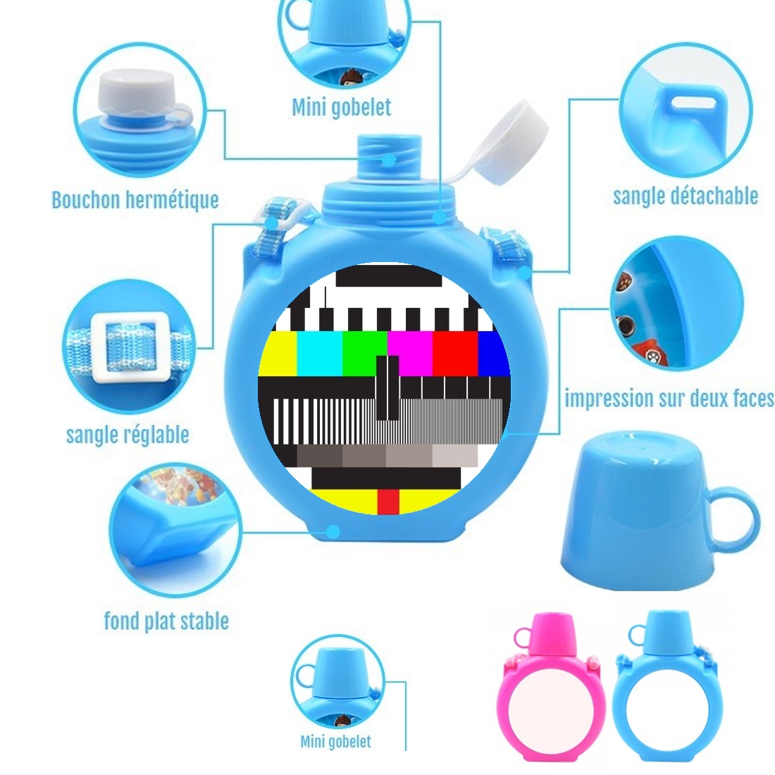  tv test screen para Botella infantil resistente a los golpes 730 ml en azul o rosa