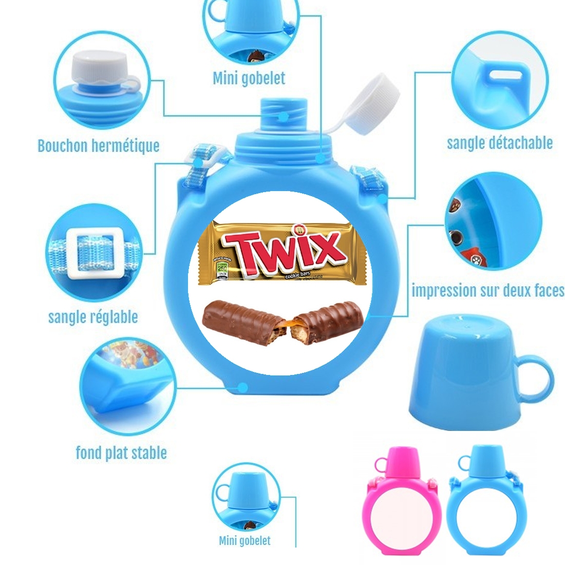  Twix Chocolate para Botella infantil resistente a los golpes 730 ml en azul o rosa