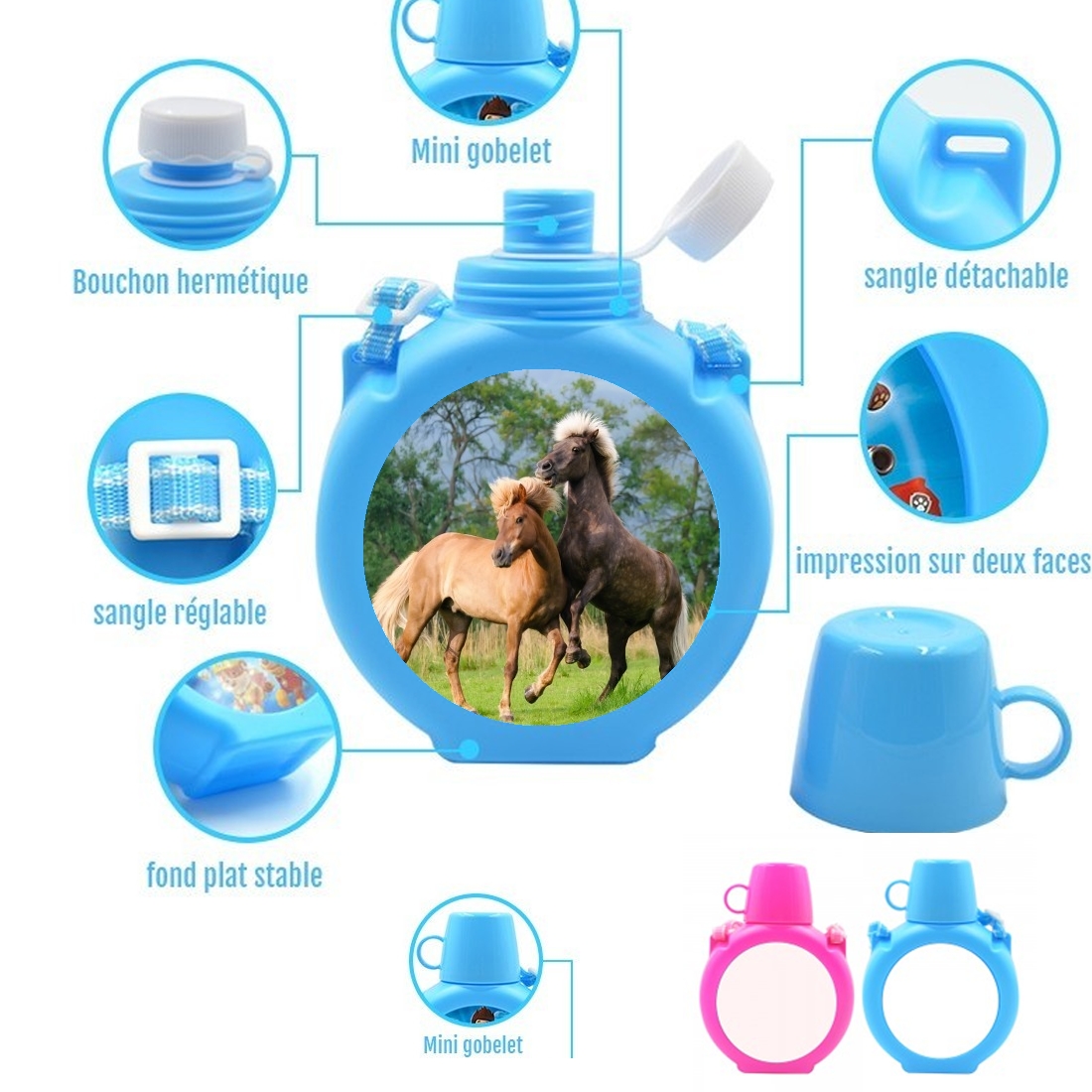  Two Icelandic horses playing, rearing and frolic around in a meadow para Botella infantil resistente a los golpes 730 ml en azul o rosa