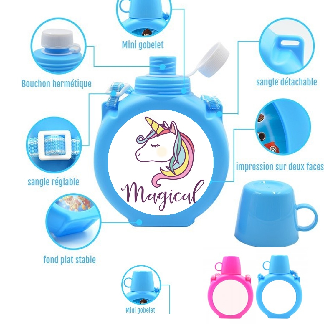  Unicorn Magical para Botella infantil resistente a los golpes 730 ml en azul o rosa