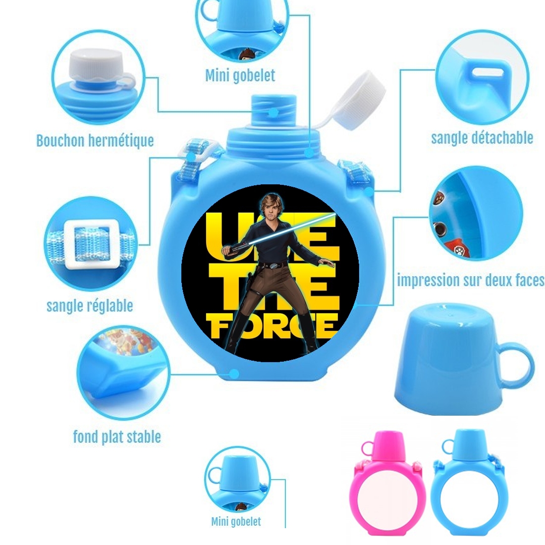  Use the force para Botella infantil resistente a los golpes 730 ml en azul o rosa