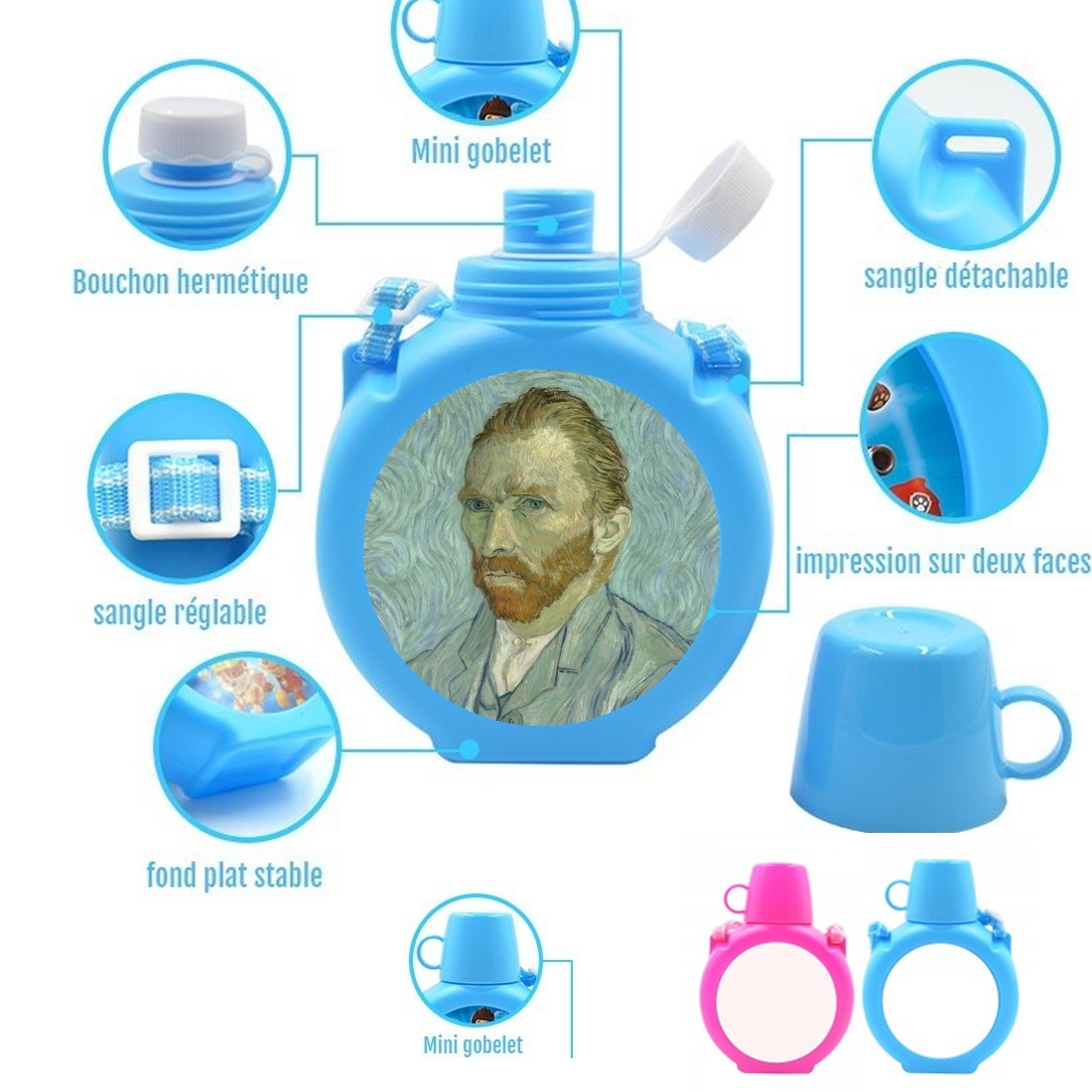  Van Gogh Self Portrait para Botella infantil resistente a los golpes 730 ml en azul o rosa