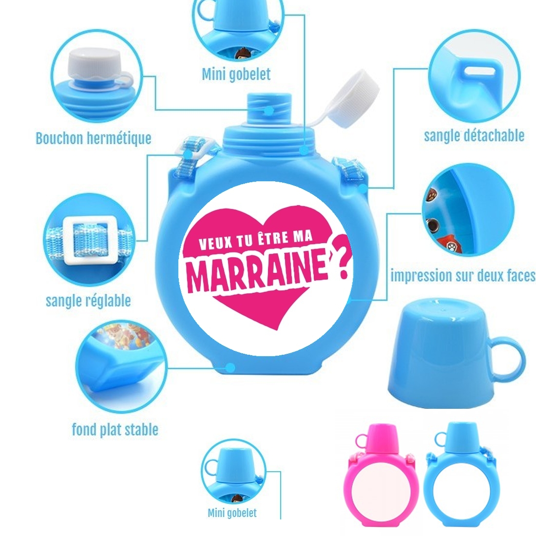  Veux tu etre ma marraine para Botella infantil resistente a los golpes 730 ml en azul o rosa