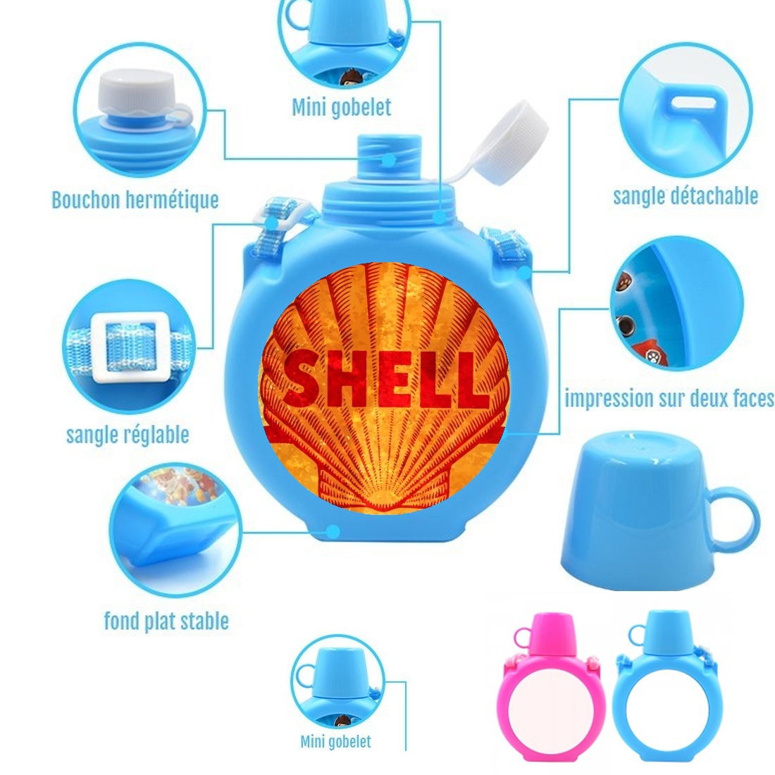  Vintage Gas Station Shell para Botella infantil resistente a los golpes 730 ml en azul o rosa