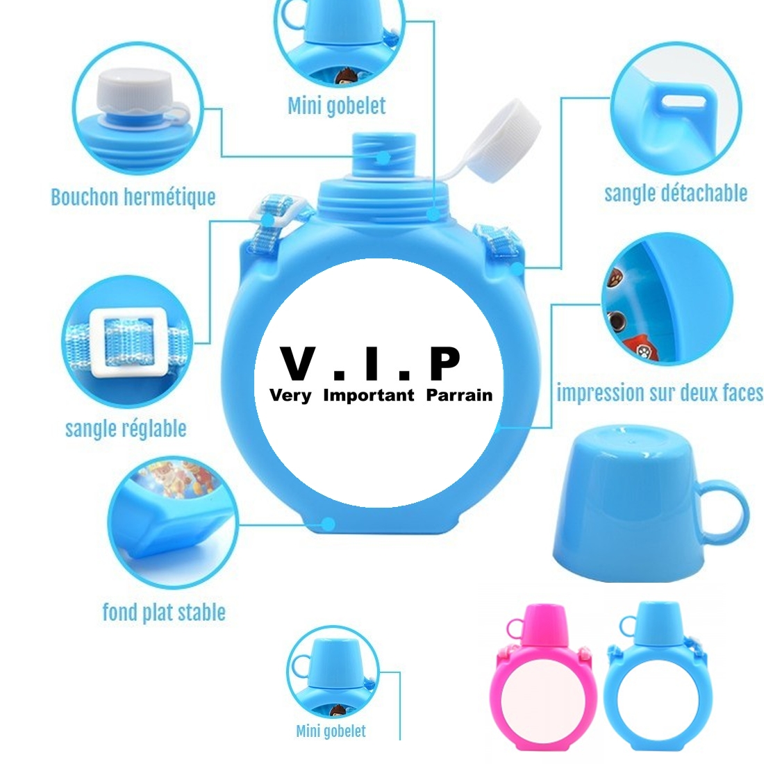  VIP Very important parrain para Botella infantil resistente a los golpes 730 ml en azul o rosa