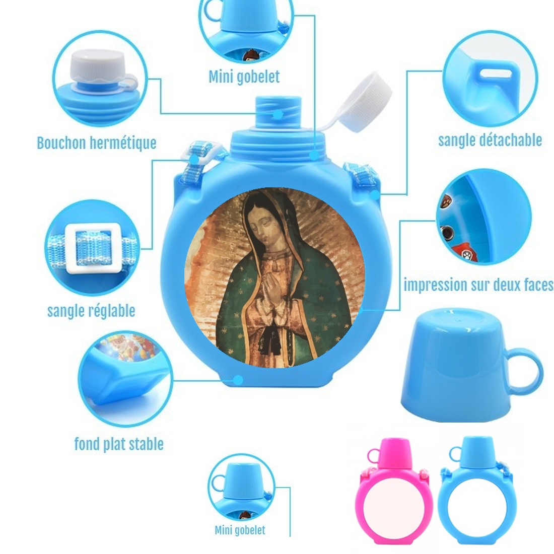  Virgen Guadalupe para Botella infantil resistente a los golpes 730 ml en azul o rosa