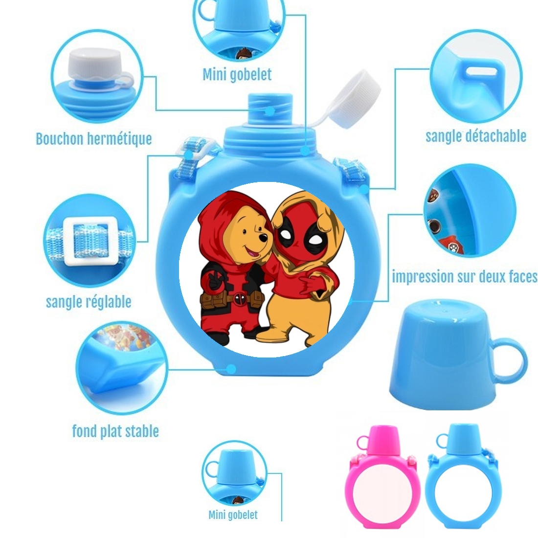  Winnnie the Pooh x Deadpool para Botella infantil resistente a los golpes 730 ml en azul o rosa