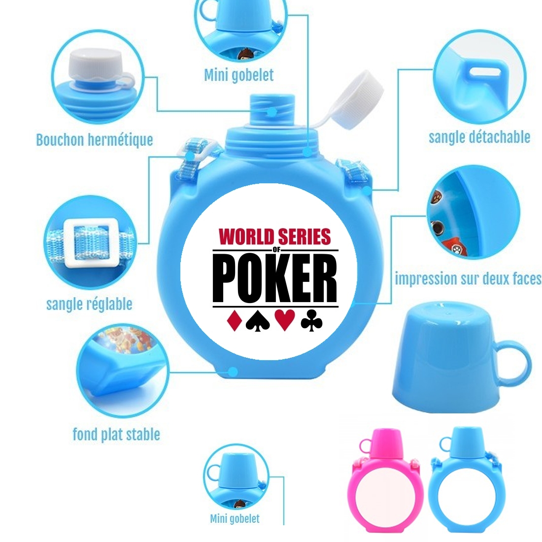  World Series Of Poker para Botella infantil resistente a los golpes 730 ml en azul o rosa