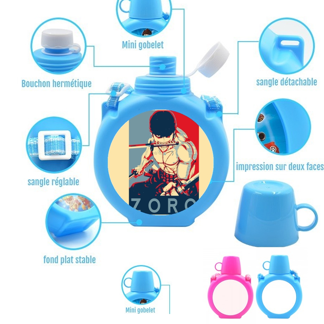  Zoro Propaganda para Botella infantil resistente a los golpes 730 ml en azul o rosa