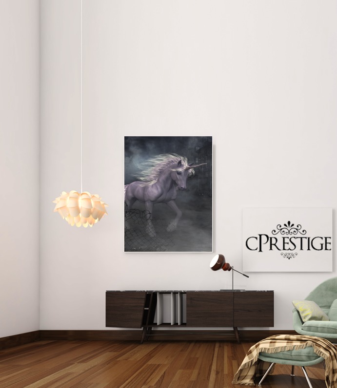  A dreamlike Unicorn walking through a destroyed city para Poster adhesivas 30 * 40 cm