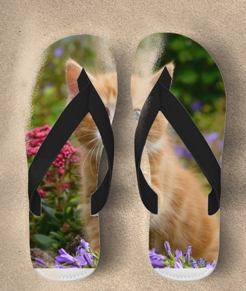  Cute ginger kitten in a flowery garden, lovely and enchanting cat para Chanclas